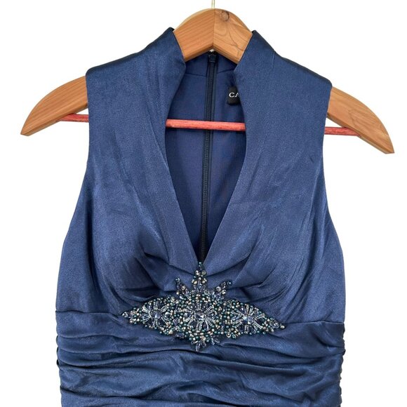 Cachet Ruched Blue Sleeveless Shimmer Party Cocktail V-Neck Embellished Dress 6 - Picture 2 of 6